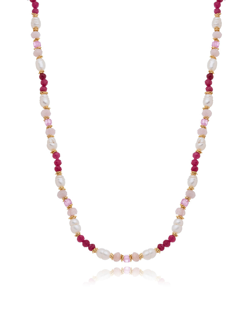 Colar Choker Peony Banho Ouro 18k Pérola Água Doce Cristais Rodonita