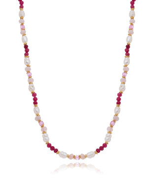 Colar Choker Peony Banho Ouro 18k Pérola Água Doce Cristais Rodonita