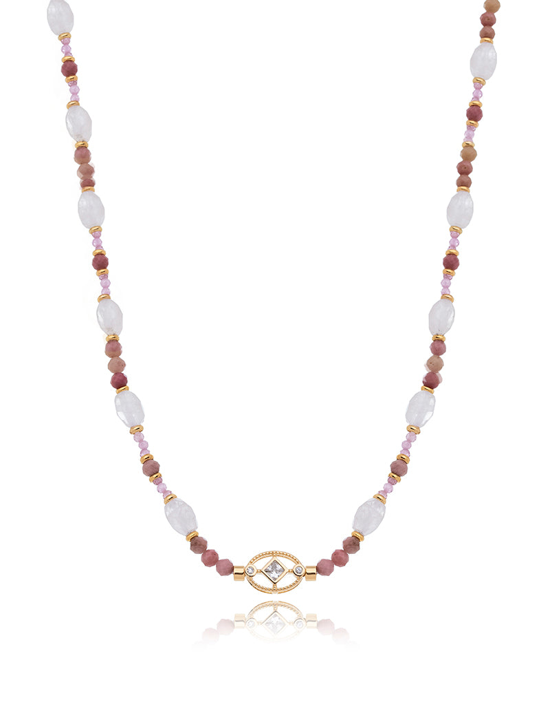 Colar Choker Peony Pingente Oval Banho Ouro 18k Quartzo Rosa Rodonita