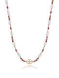 Colar Choker Peony Pingente Oval Banho Ouro 18k Quartzo Rosa Rodonita
