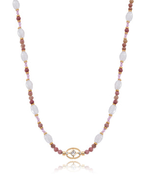 Colar Choker Peony Pingente Oval Banho Ouro 18k Quartzo Rosa Rodonita