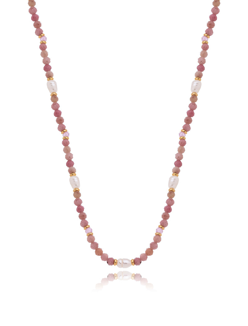 Colar Choker Peony Banho Ouro 18k Pérola Água Doce Rodonita