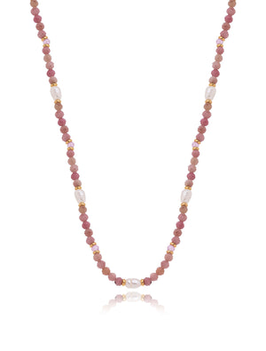 Colar Choker Peony Banho Ouro 18k Pérola Água Doce Rodonita