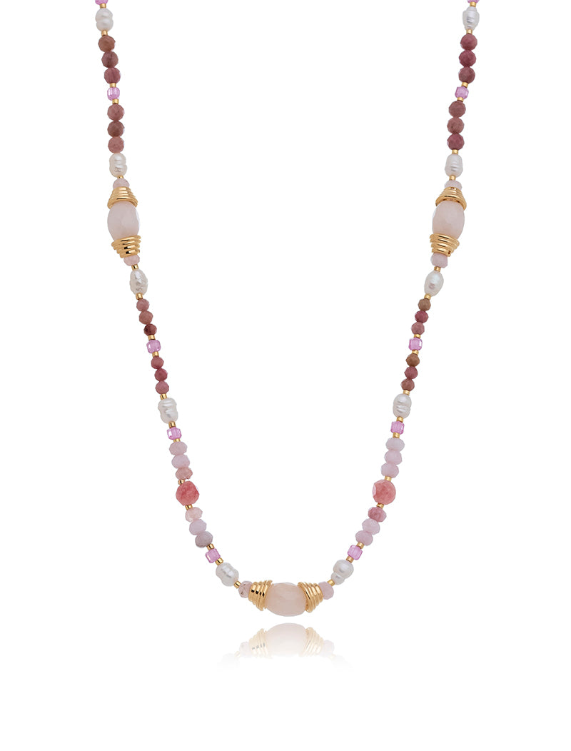 Colar Peony Ajustável Banho Ouro 18k Rodonita Pérola Água Doce Quartzo Rosa