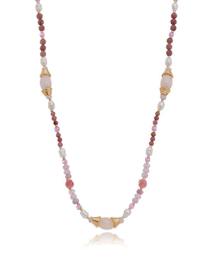 Colar Peony Ajustável Banho Ouro 18k Rodonita Pérola Água Doce Quartzo Rosa