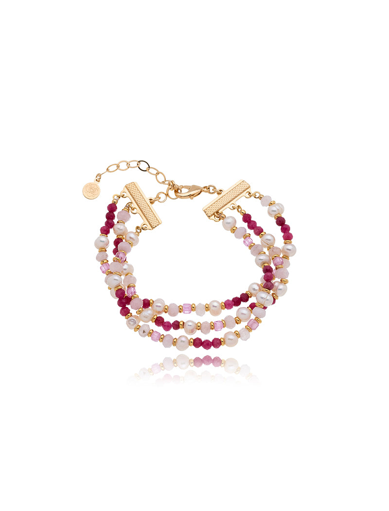 Pulseira Peony Tripla Banho Ouro 18k Pérola Água Doce Rodonita Cristais
