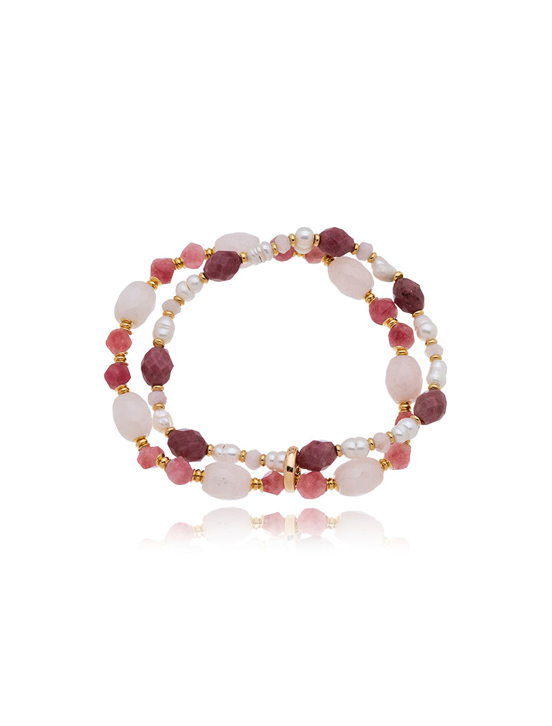 Pulseira Peony Duas Voltas Banho Ouro 18k Quartzo Rosa Rodonita Pérola Água Doce
