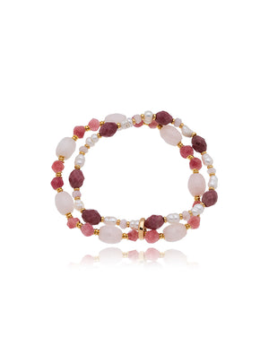 Pulseira Peony Duas Voltas Banho Ouro 18k Quartzo Rosa Rodonita Pérola Água Doce