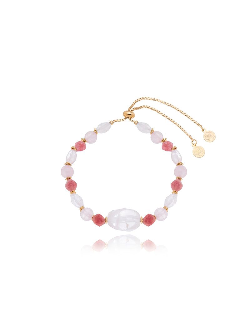 Pulseira Peony Ajustável Banho Ouro 18k Quartzo Rosa Rodonita