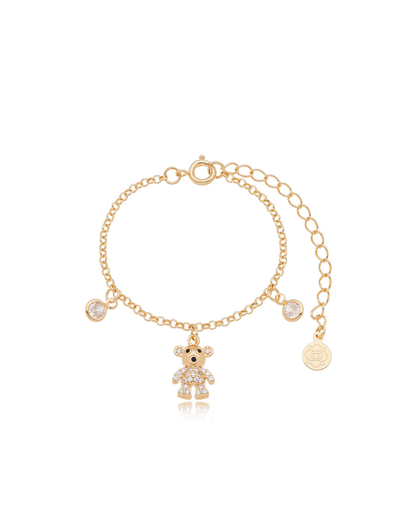 Pulseira Infantil Ursinho Cravejado Banho Ouro 18k Zircônia