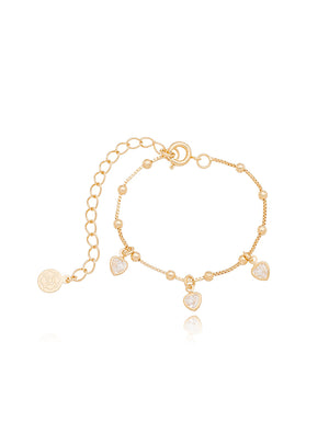 Pulseira Infantil Bolinhas Corações Banho Ouro 18k Zircônias