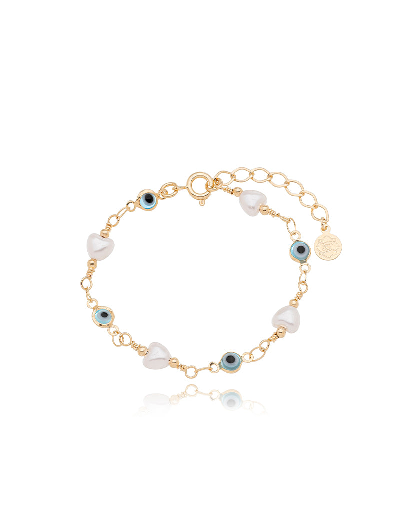 Pulseira Infantil Olho Grego Corações Banho Ouro 18k Pérola Shell