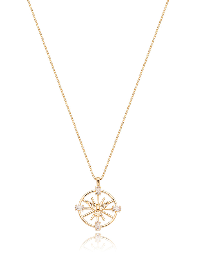 Colar Teen Medalha Vazada Espírito Santo Banho Ouro 18k Cristal