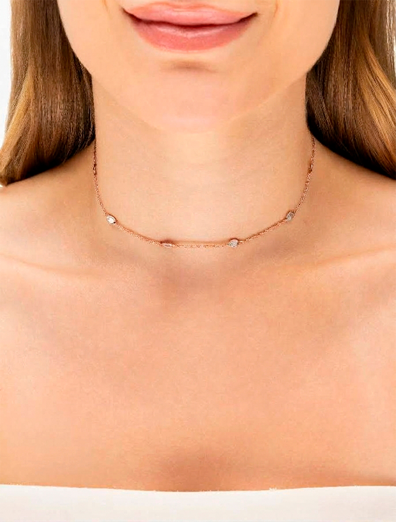 Colar Choker Navetes Banho Ouro Rosê 18k Zircônias