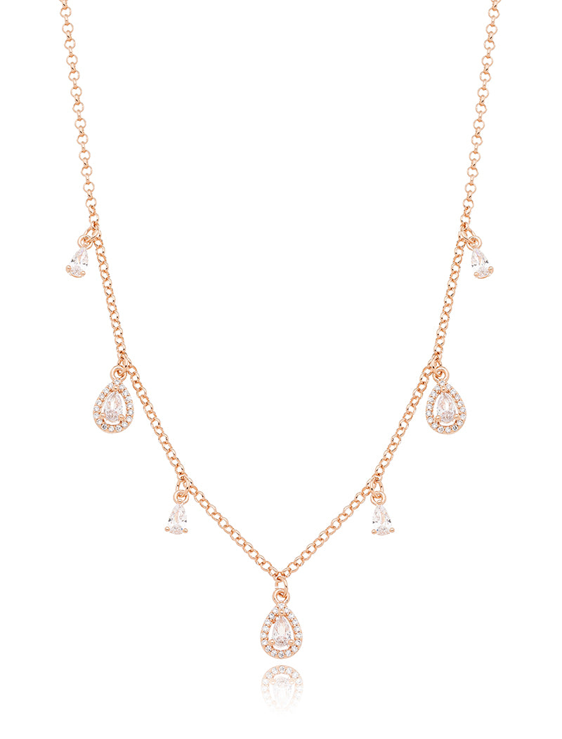 Colar Gotinhas Cravejadas Banho Ouro Rosê 18k Zircônias