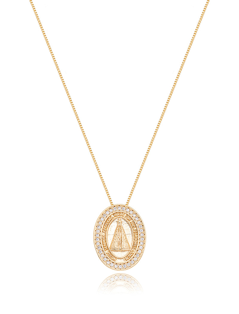 Colar Medalha Nossa Senhora Aparecida Cravejado Banho Ouro 18k