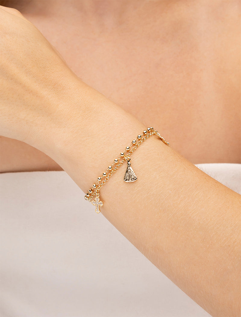 Pulseira Duo Bolinhas Pingentes Religiosos Cravejados Banho Ouro 18k