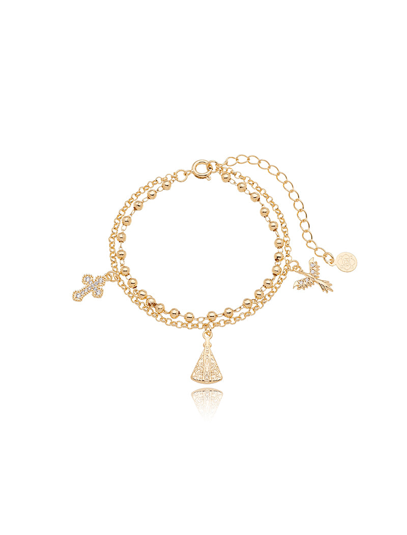 Pulseira Duo Bolinhas Pingentes Religiosos Cravejados Banho Ouro 18k