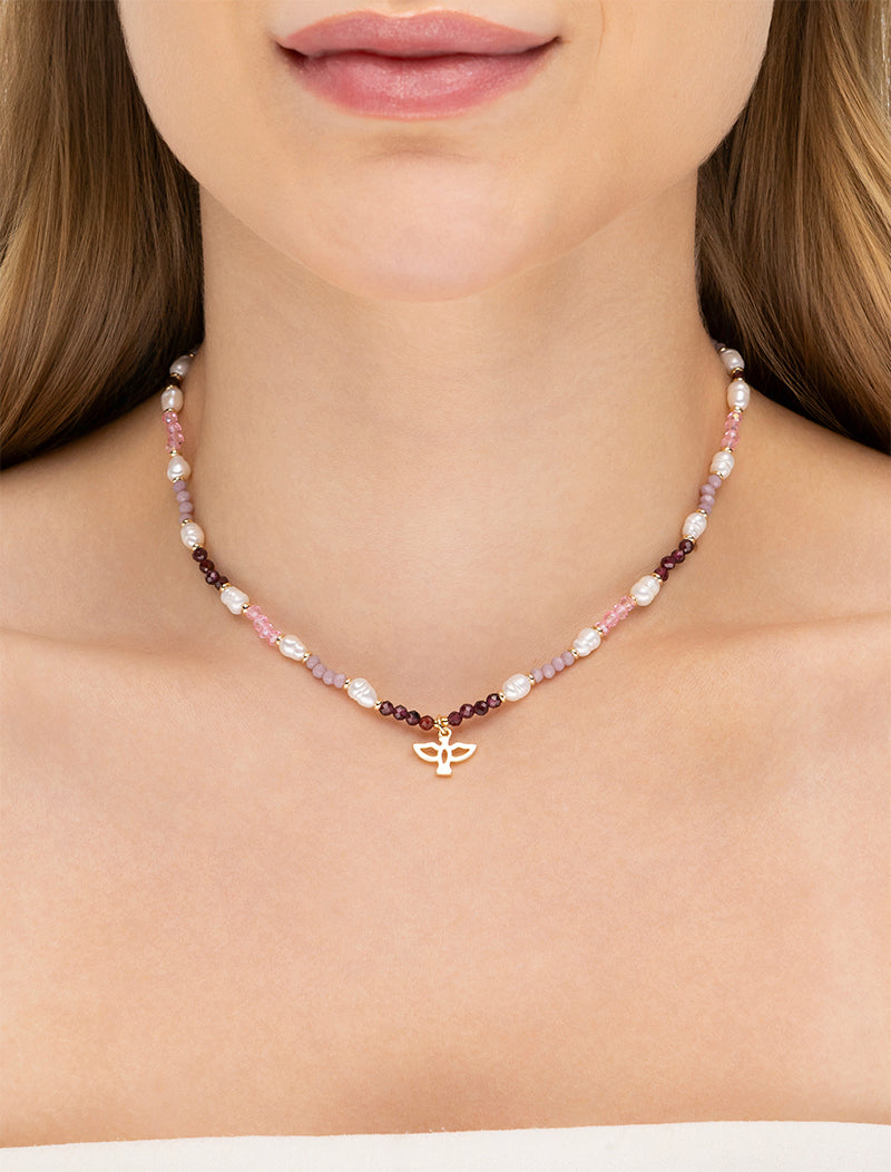Colar Choker Pingente Espírito Santo Liso Banho Ouro 18k Cristal Pérola Shell