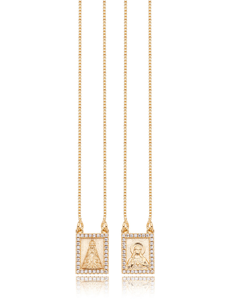 Colar Escapulário Nossa Senhora Sagrado Coração Cravejado Banho Ouro 18k