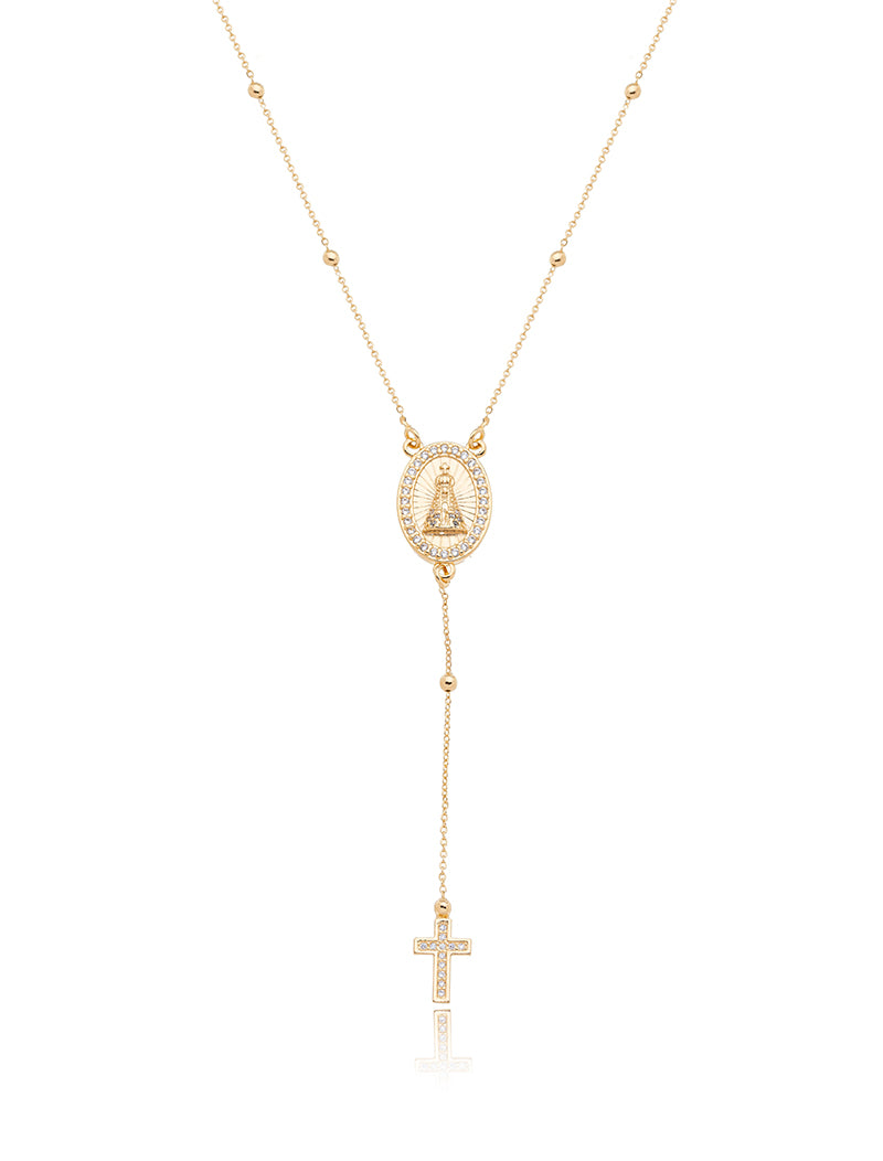 Colar Nossa Senhora Gravata Pingente Cravejado Banho Ouro 18k Zircônia