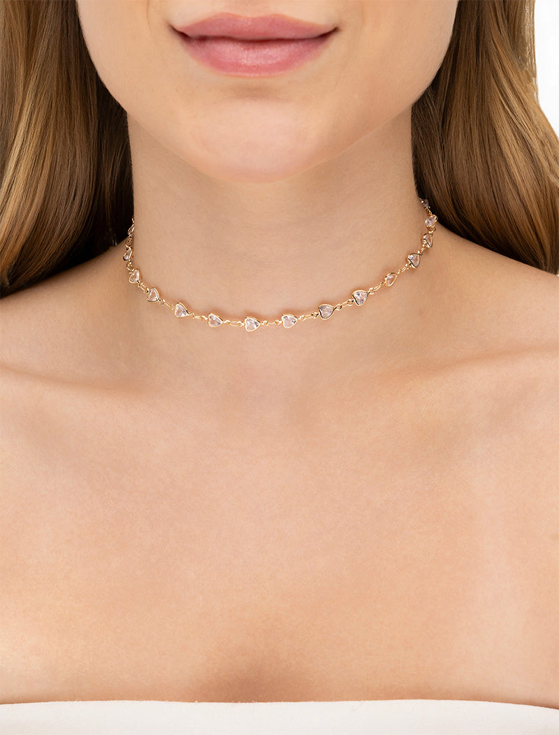 Colar Choker Delicado Corações Banho Ouro 18k Cristal