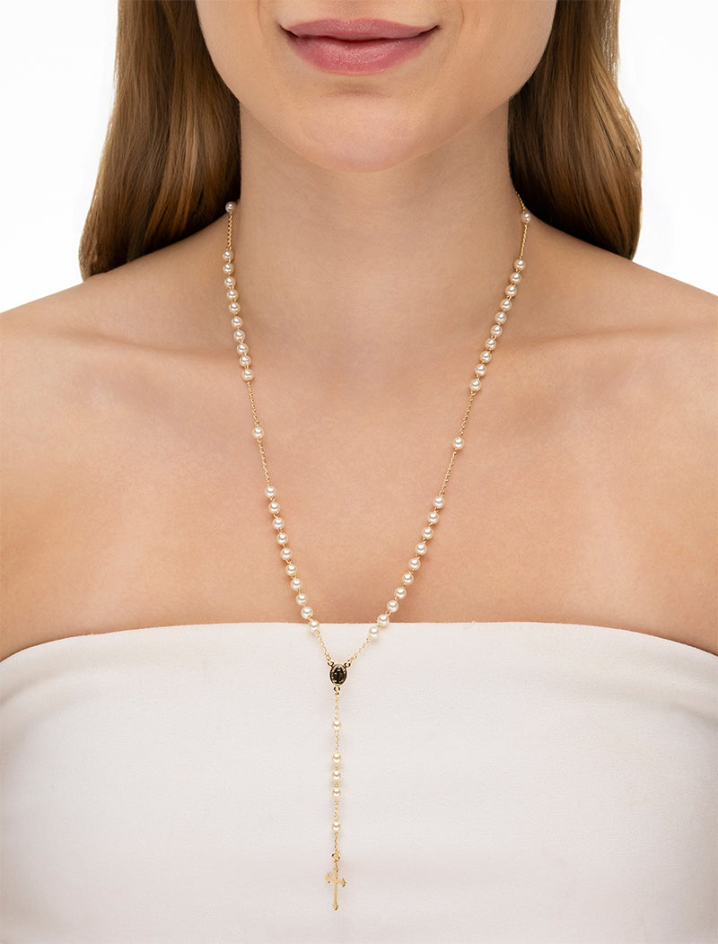 Colar Terço Nossa Senhora Aparecida Banho Ouro 18k Pérola Shell