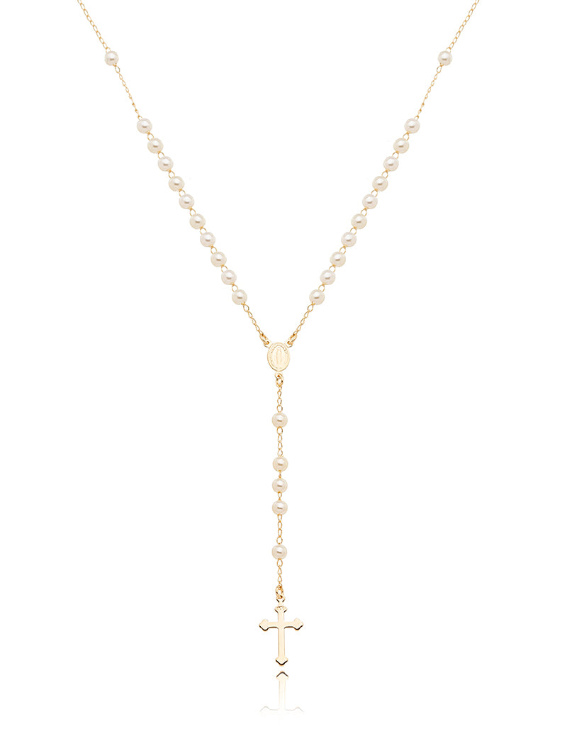 Colar Terço Nossa Senhora Aparecida Banho Ouro 18k Pérola Shell