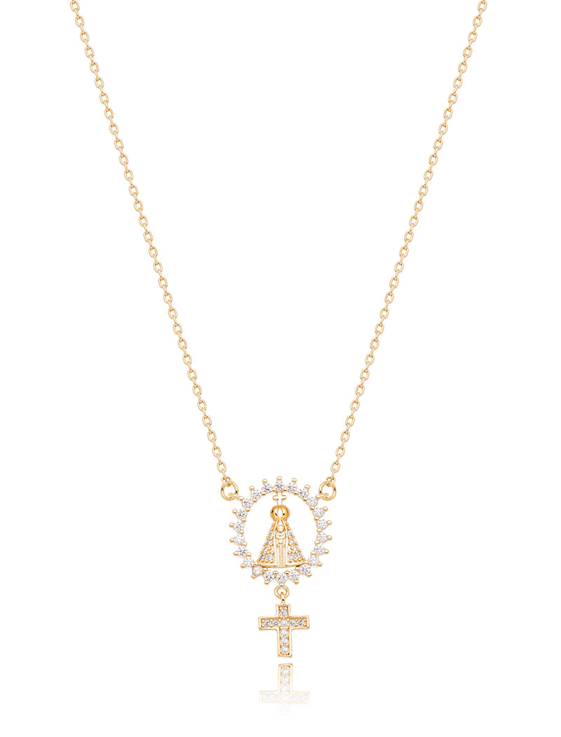 Colar Infantil Nossa Senhora Volta Cravejada Banho Ouro 18k Zircônia