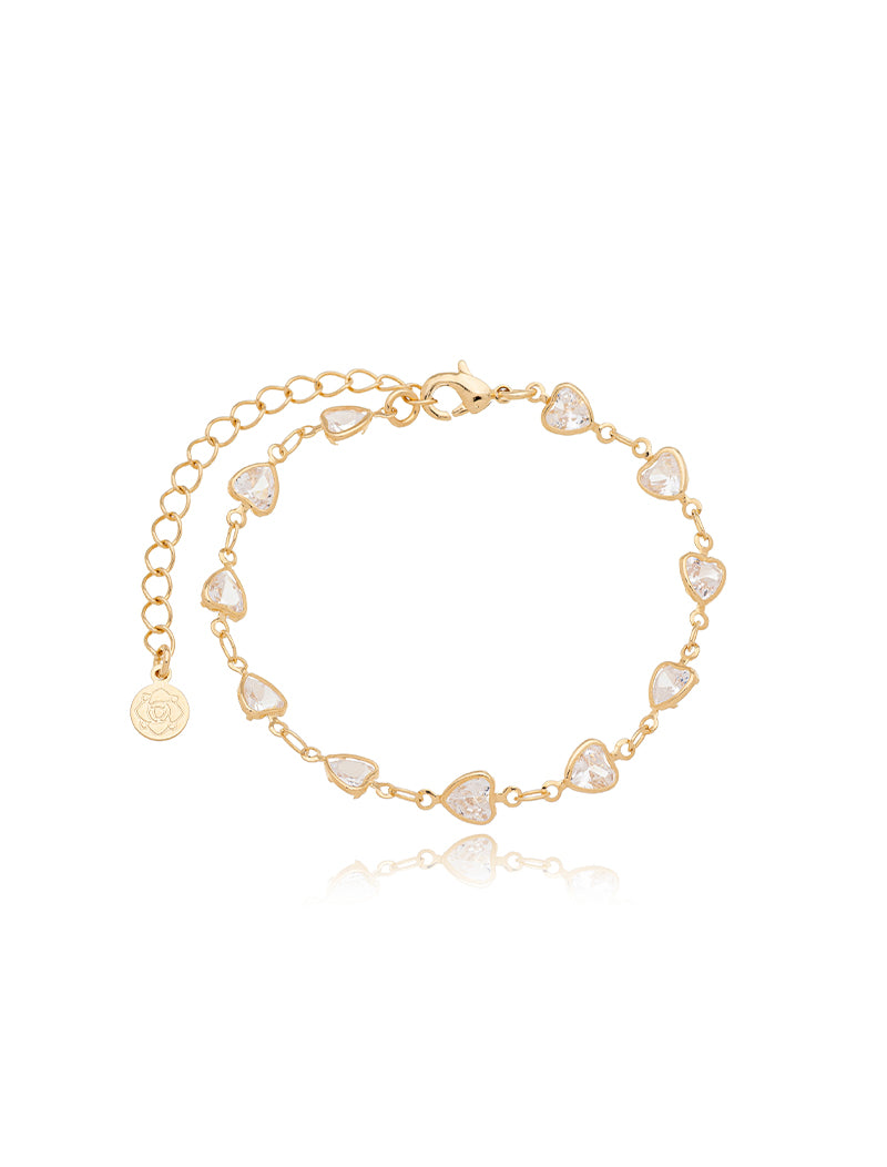Pulseira Delicada Corações Banho Ouro 18k Cristal