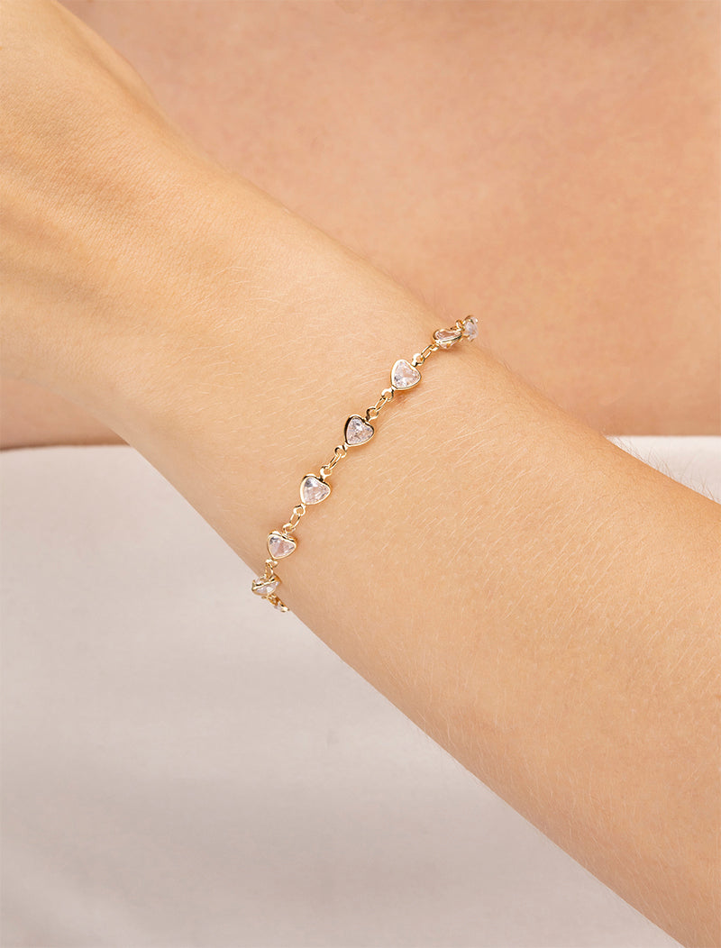 Pulseira Delicada Corações Banho Ouro 18k Cristal