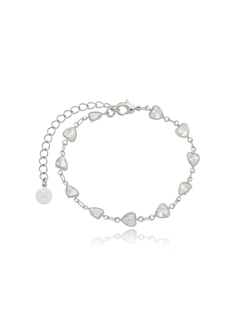 Pulseira Delicada Corações Banho Ródio Cristal