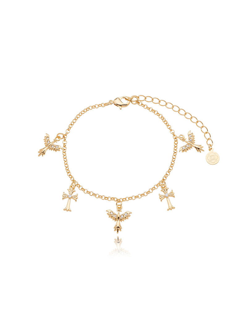 Pulseira Pingente Espírito Santo Cravejado Cruz Banho Ouro 18k Zircônia