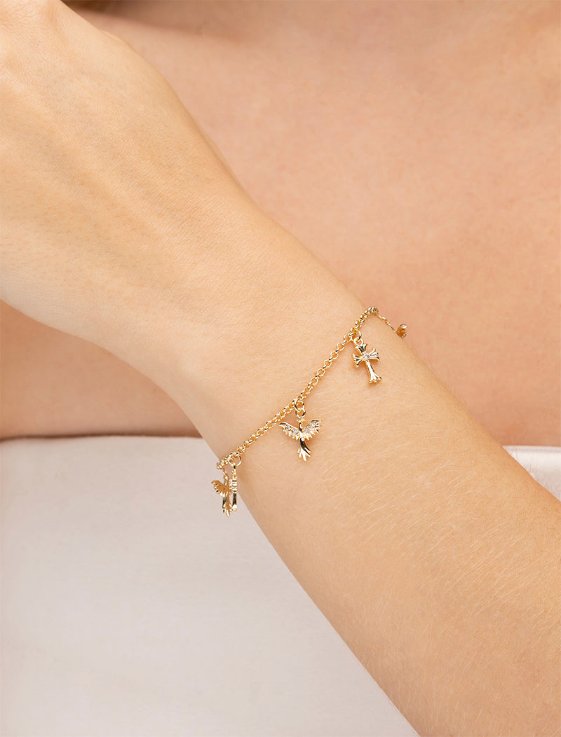 Pulseira Pingente Espírito Santo Cravejado Cruz Banho Ouro 18k Zircônia
