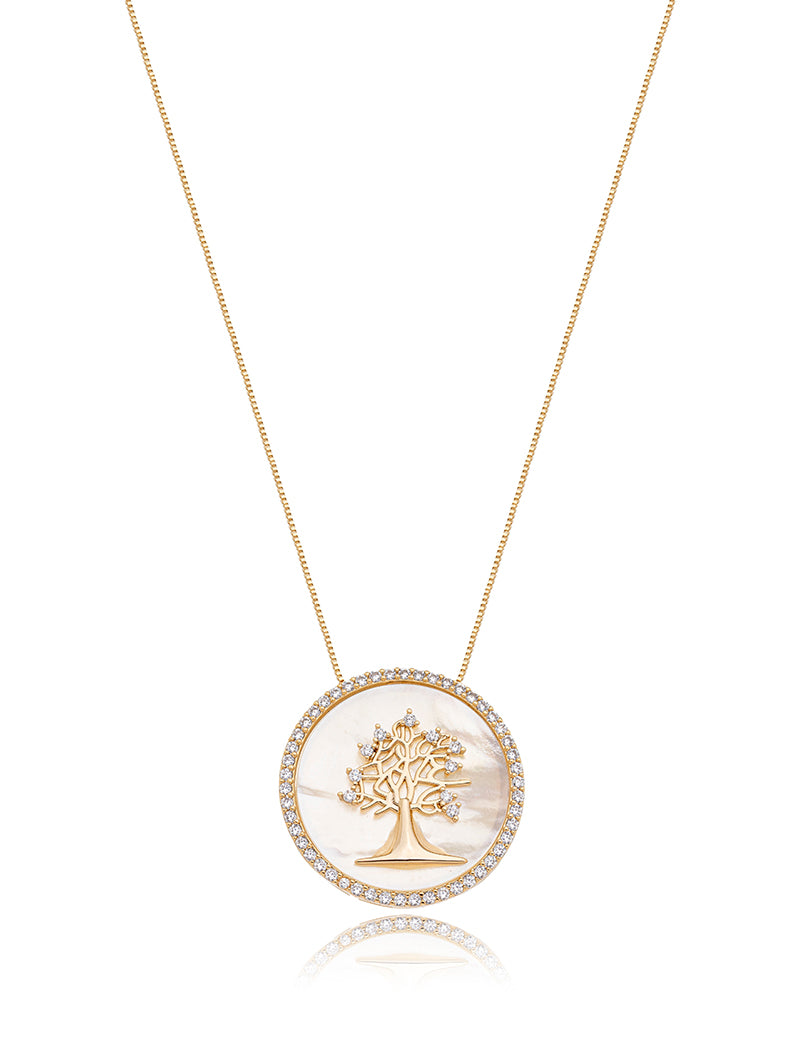 Colar Árvore Da Vida Cravejado Banho Dourado Madrepérola Zircônias