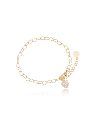Pulseira Infantil Elos E Pingente Corações Banho Ouro 18k Zircônia