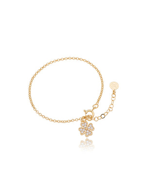 Pulseira Infantil Elo Português Trevo Cravejado Banho Ouro 18k Zircônias