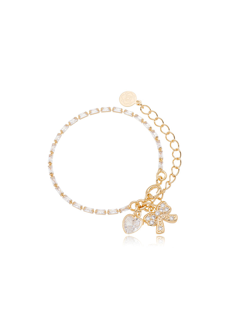 Pulseira Infantil Baguetes Lacinho Cravejado Banho Ouro 18k Zircônias