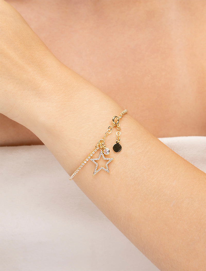 Pulseira Riviera Teen Estrela Cravejada Banho Ouro 18k Zircônias