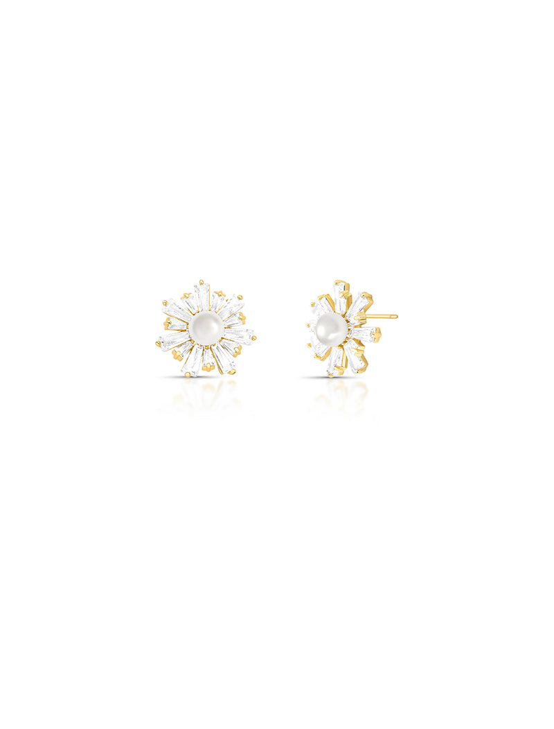 Brinco Flor Baguetes Banho Ouro 18k Pérola Água Doce