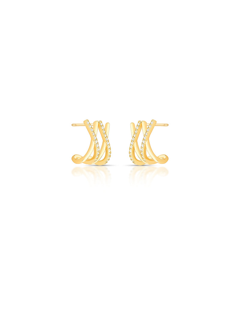 Brinco Fileiras Cruzadas Cravejadas Banho Ouro 18k Zircônia
