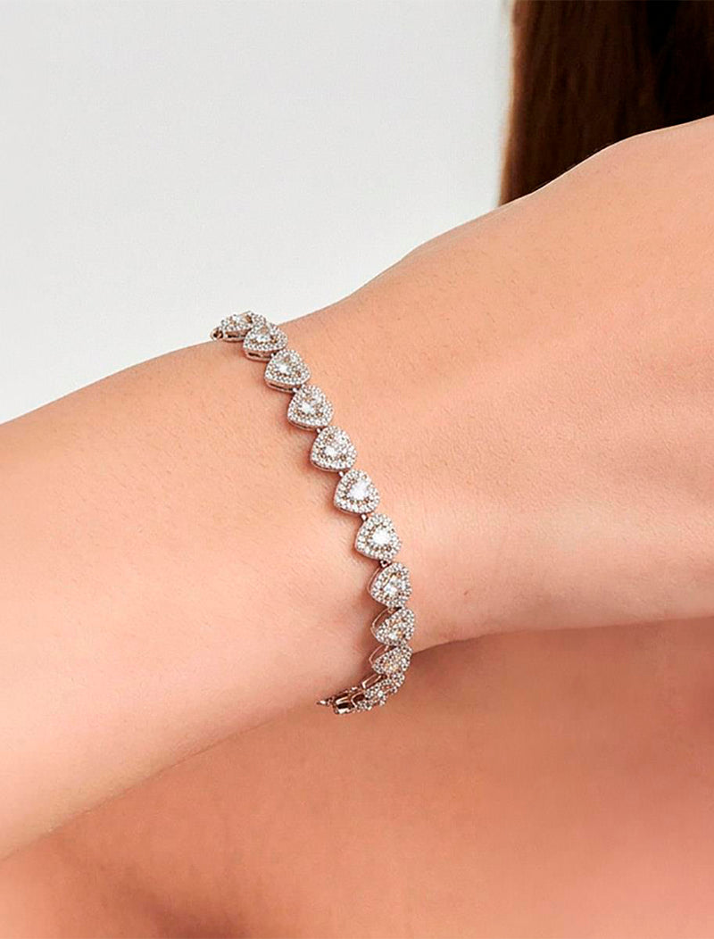 Pulseira Riviera Corações Cravejados Banho Ródio