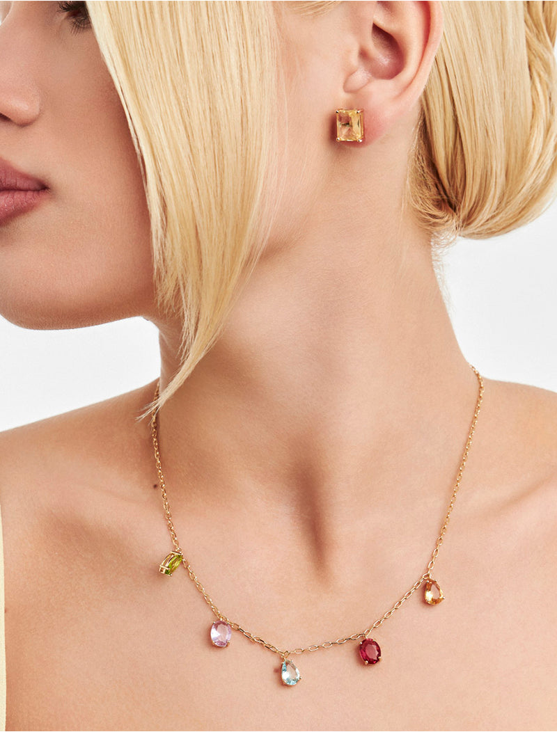 Colar Pingentes Geométricos Banho Ouro 18k Cristais
