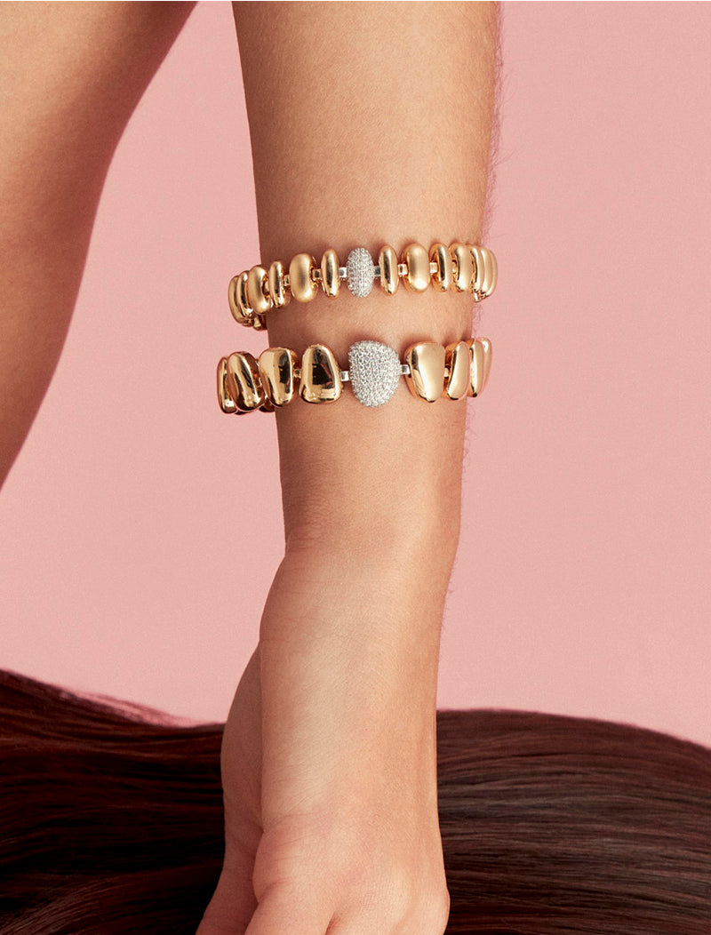 Pulseira Gomos Ovais Lisos Meio Cravejado Banho Ouro 18k Zircônias