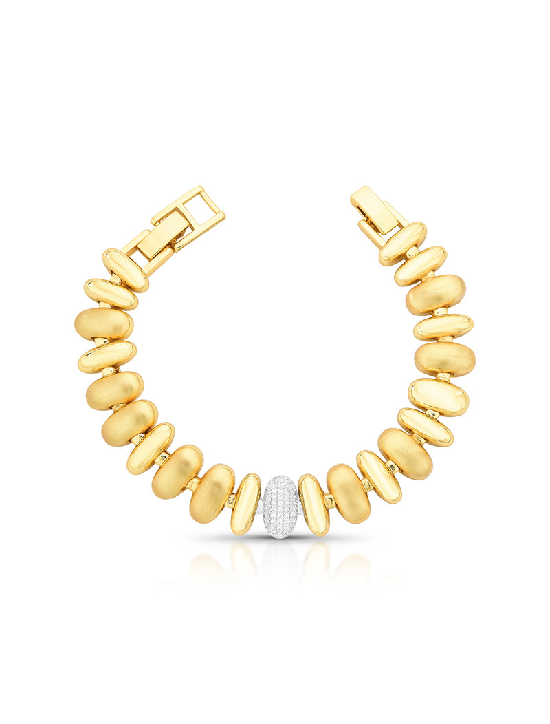 Pulseira Gomos Ovais Lisos Meio Cravejado Banho Ouro 18k Zircônias