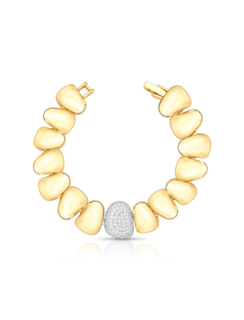 Pulseira Gomos Ovais Lisos Meio Cravejado Banho Ouro 18k Zircônias