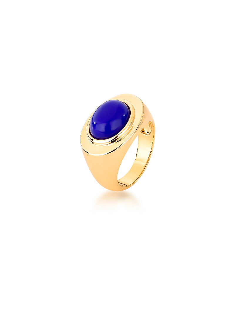 Anel Oval Liso Banho Ouro 18k Lápis Lazulli