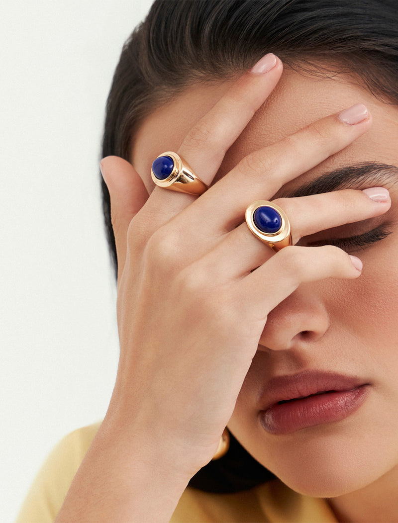 Anel Oval Liso Banho Ouro 18k Lápis Lazulli