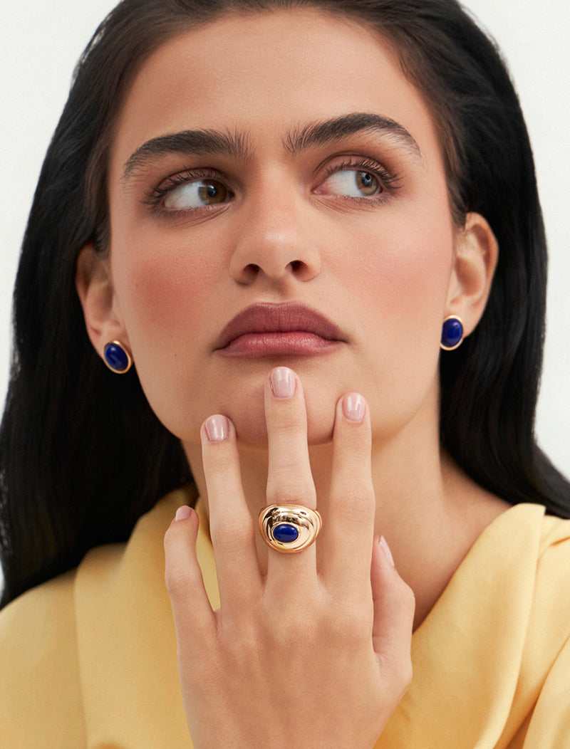 Brinco Oval Banho Ouro 18k Lápis-Lazúli