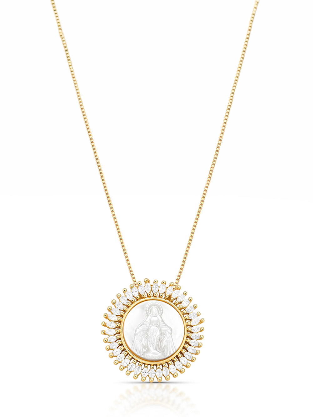Colar Nossa Senhora Das Graças Cravejado Banho Ouro 18k Madrepérola Zircônias